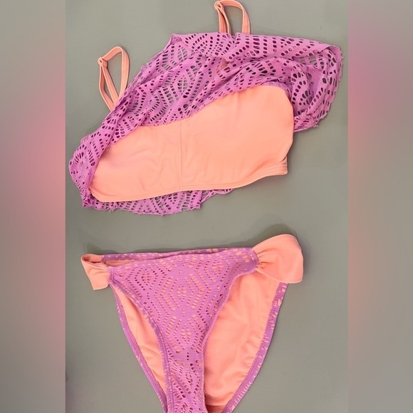 Arizona Swim Bikini Crochet Flounce Orange Purple Overlay Top Large, Bottom Med - Picture 2 of 8